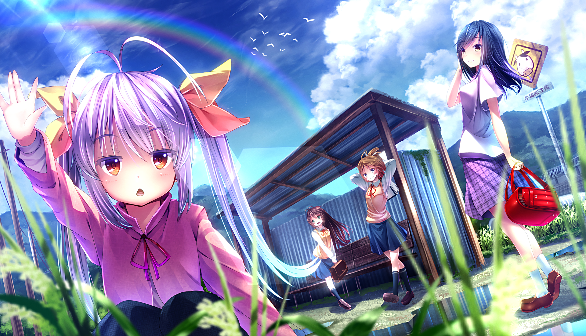 A vibrant HD wallpaper featuring characters Natsumi Koshigaya, Komari Koshigaya, Hotaru Ichijou, and Renge Miyauchi from the anime Non Non Biyori, set against a scenic, sunny backdrop.