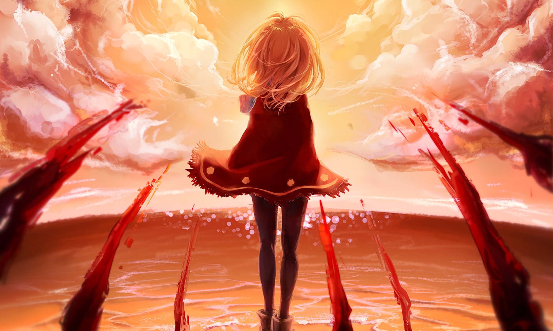 A captivating HD desktop wallpaper from Beyond the Boundary, featuring a lone figure in a red cloak standing against a dramatic sunset, surrounded by vibrant clouds and splashes of color.