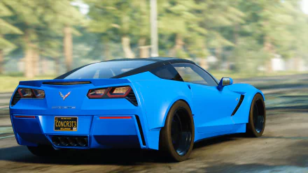 HD PC desktop wallpaper featuring a vibrant blue Chevrolet Corvette Stingray driving on a road with blurred green trees in the background.