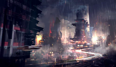 HD PC desktop wallpaper of a futuristic sci-fi cityscape featuring towering skyscrapers, illuminated buildings, and glowing streets under a rainy night sky.