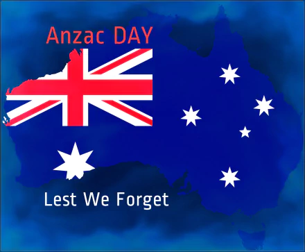 HD desktop wallpaper featuring the Australian flag with a blue background, commemorating Anzac Day with the phrases Anzac Day and Lest We Forget.