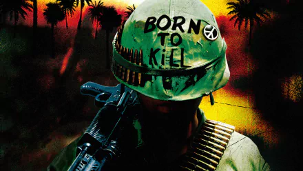 HD desktop wallpaper featuring a soldier from the movie Full Metal Jacket, wearing a helmet with Born to Kill written on it, set against a dramatic sunset background.