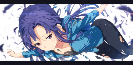 Chihaya Kisaragi from The iDOLM@STER is depicted in this vibrant HD wallpaper, showcasing her dynamic pose and flowing hair against a backdrop of swirling colors.