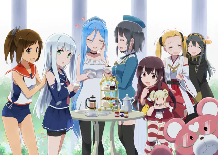 Anime crossover featuring characters from Arpeggio of Blue Steel and Kancolle, gathered around a tea set in a colorful outdoor setting, showcasing a blend of playful interactions.