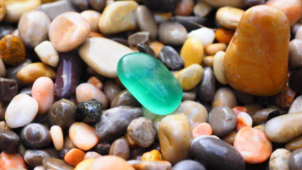 A close-up of colorful pebbles and stones, featuring a prominent green gemstone among a diverse array of shapes and hues, showcased in stunning 4K Ultra HD detail.