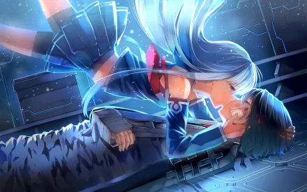 A vibrant HD wallpaper featuring Gunzou Chihaya and Iona from Arpeggio of Blue Steel, capturing an intense moment amidst a futuristic backdrop.