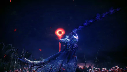 Dark Souls III video game HD PC desktop wallpaper: an armored Ashen One raises a glowing red sigil with a trailing blue spectral chain, embers and ruined battlefield under a night sky.