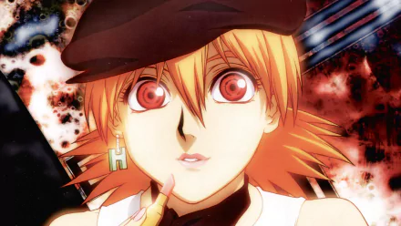 A vibrant HD wallpaper featuring Seras Victoria from the anime Hellsing, showcasing her striking red eyes and distinctive hairstyle against a dynamic background.