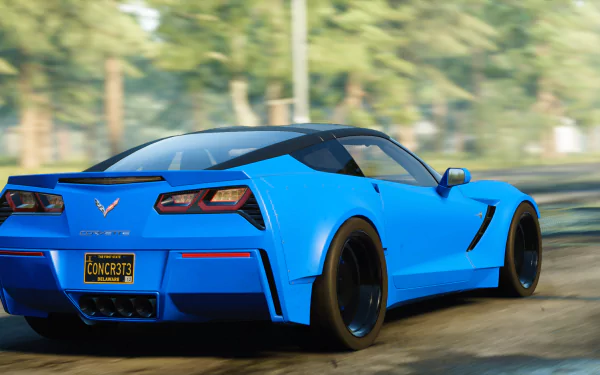 HD PC desktop wallpaper featuring a vibrant blue Chevrolet Corvette Stingray driving on a road with blurred green trees in the background.