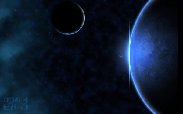 4K Ultra HD desktop wallpaper featuring a cosmic scene inspired by the anime Cowboy Bebop, with planets and a deep space backdrop.