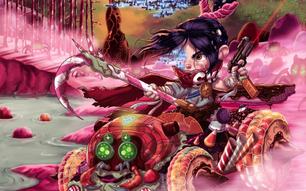 HD PC desktop wallpaper featuring Vanellope von Schweetz from the movie Wreck-It Ralph, depicted in an action-packed scene with vibrant, colorful details.