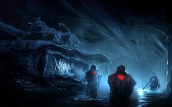 HD sci-fi desktop wallpaper depicting soldiers and a tank in an underground military setting with dark, atmospheric lighting.