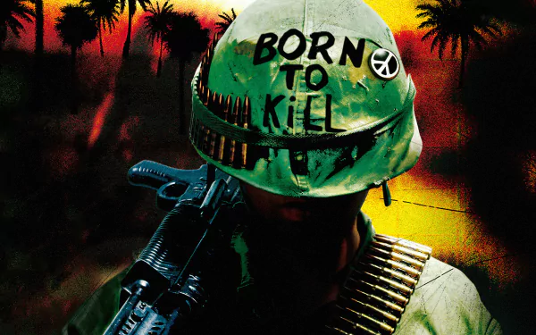 HD desktop wallpaper featuring a soldier from the movie Full Metal Jacket, wearing a helmet with Born to Kill written on it, set against a dramatic sunset background.