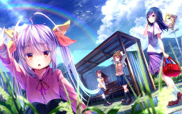 A vibrant HD wallpaper featuring characters Natsumi Koshigaya, Komari Koshigaya, Hotaru Ichijou, and Renge Miyauchi from the anime Non Non Biyori, set against a scenic, sunny backdrop.