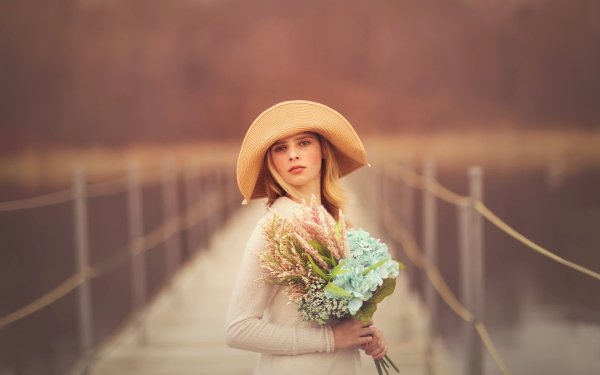 Women Model Blonde Outdoor Blur Flower Hat HD Wallpaper | Background Image