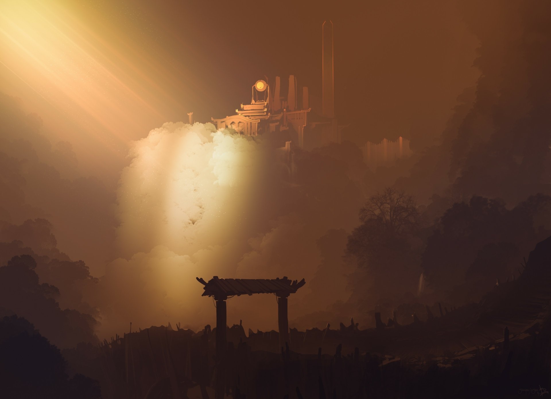 A mystical fantasy temple perched on a mountain, bathed in golden light, captured in stunning 4K Ultra HD for a captivating PC desktop wallpaper.