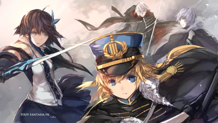 Anime, Pixiv Fantasia Fallen Kings: four warriors — blond officer in a peaked cap at center, two swordfighters and a cloaked figure under a stormy sky. 2K Quad HD PC wallpaper/bg.