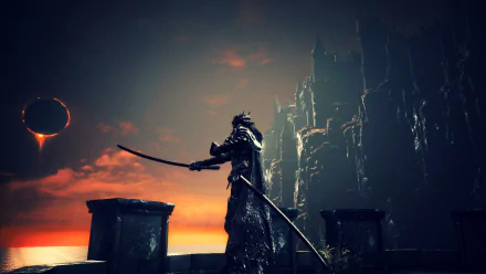 HD PC desktop wallpaper of Dark Souls III featuring a lone warrior with a sword standing against a dark, ominous castle backdrop at sunset.