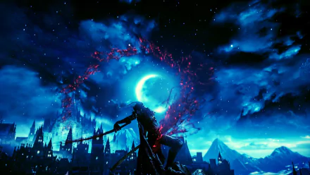 A stunning HD desktop wallpaper featuring a character from Dark Souls III, set against a dramatic night sky with a glowing moon and ominous landscapes in shades of blue and red.