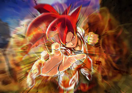 HD desktop wallpaper featuring Super Saiyan God Goku from Dragon Ball Super. Goku, with red hair and eyes, is depicted in a dynamic action pose with a fiery background.