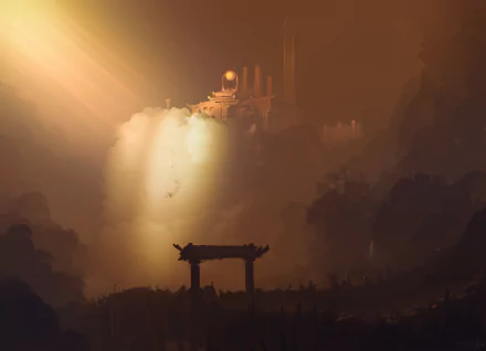 A mystical fantasy temple perched on a mountain, bathed in golden light, captured in stunning 4K Ultra HD for a captivating PC desktop wallpaper.