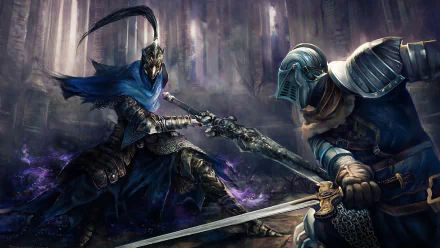 HD desktop wallpaper featuring Artorias from the video game Dark Souls, showcasing an intense duel between two armored warriors in a dark, mystical forest.