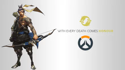 Hanzo Shimada from Overwatch, poised with his bow, featured in an HD desktop wallpaper. Accompanied by the motto With every death comes honour and Overwatch logos.