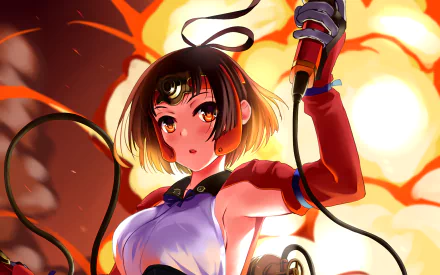 Mumei from Kabaneri of the Iron Fortress stands ready for action amidst an explosive backdrop in this vibrant HD wallpaper, capturing the intense energy of the anime.