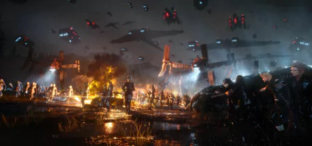 A dynamic HD wallpaper featuring Noctis Lucis Caelum, Prompto Argentum, Ignis Scientia, and Gladiolus Amicitia from Final Fantasy XV, set against a dramatic battle scene.