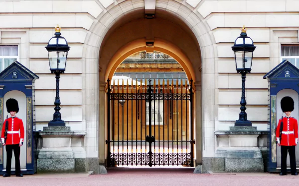  Foot Guards with bearskin hats outside Buckingham Palace by skeeze