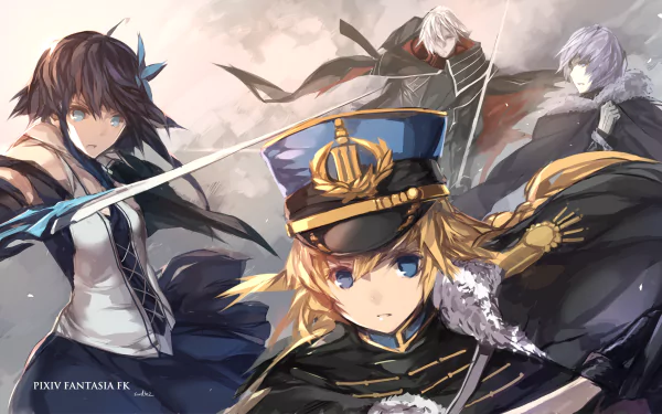 Anime, Pixiv Fantasia Fallen Kings: four warriors — blond officer in a peaked cap at center, two swordfighters and a cloaked figure under a stormy sky. 2K Quad HD PC wallpaper/bg.