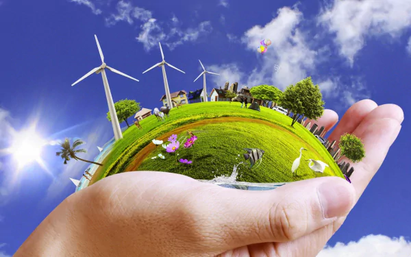 HD desktop wallpaper showing a small green planet with wind turbines, trees, animals, and flowers held gently in human hands, celebrating Earth Day and environmental care.