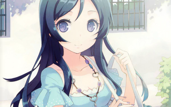 Anime HD desktop wallpaper of Ayase Aragaki from Oreimo with long blue hair, purple eyes, and a necklace, smiling gently in a pastel blue dress.