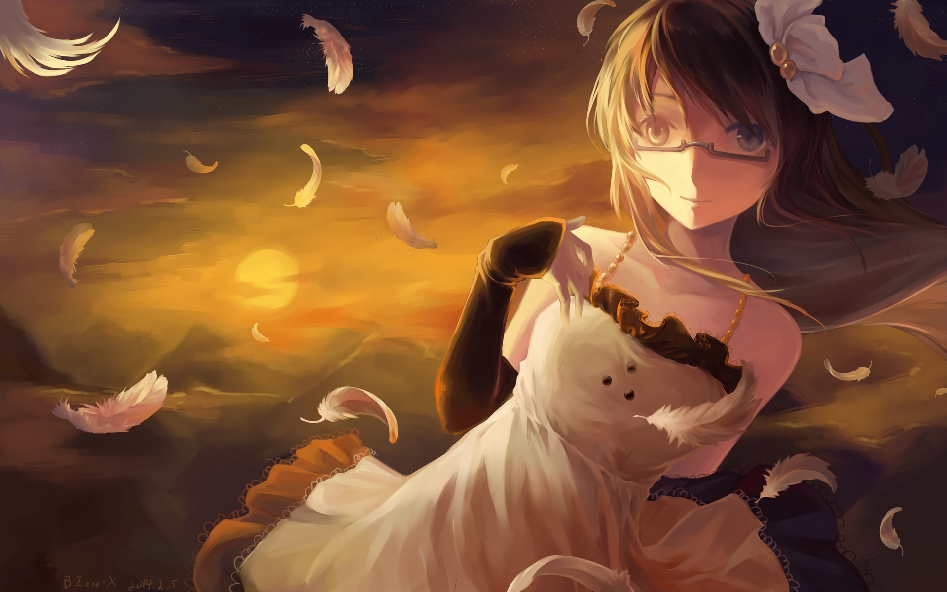 HD anime-style original artwork featuring a girl with glasses and a white dress surrounded by floating feathers against a warm, glowing background, designed as a PC desktop wallpaper.