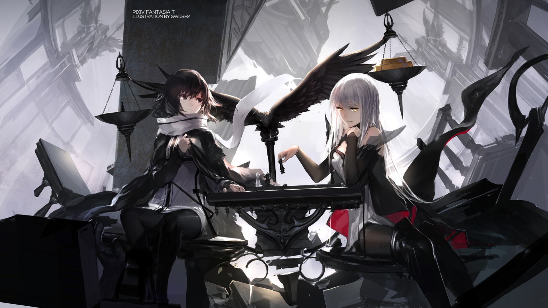 A striking HD anime wallpaper featuring two characters in dark attire, seated among a dramatic backdrop of shattered structures, evoking a sense of mystery and fantasy in the Pixiv Fantasia T style.