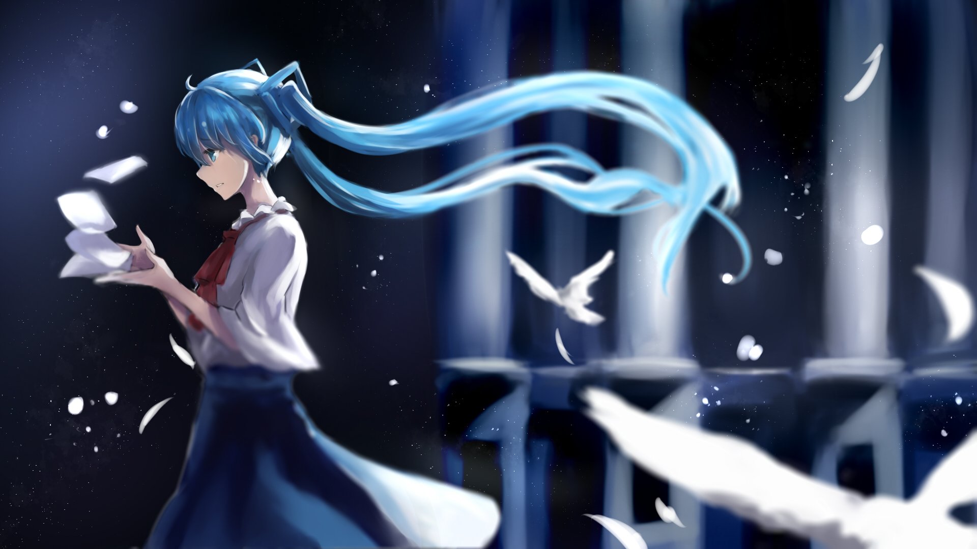 HD anime desktop wallpaper featuring Hatsune Miku from Vocaloid with flowing blue hair and white doves, set against a dark, ethereal background with glowing columns.