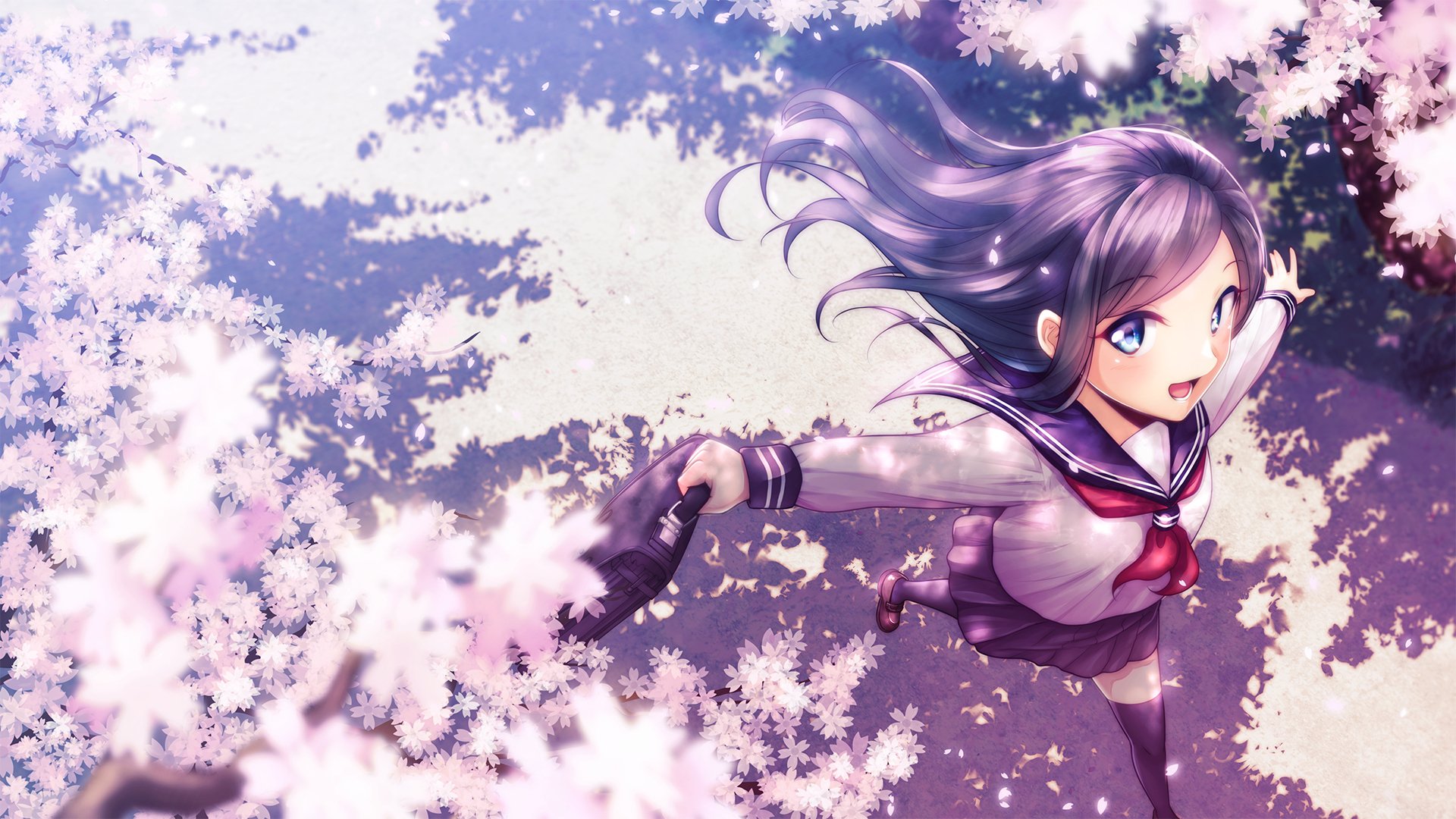 Anime-style artwork of a smiling girl with long purple hair, blue eyes, and blush, surrounded by cherry blossom petals, wearing pantyhose and holding a bag in a blurred background.