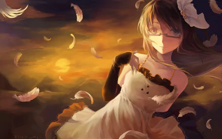 HD anime-style original artwork featuring a girl with glasses and a white dress surrounded by floating feathers against a warm, glowing background, designed as a PC desktop wallpaper.