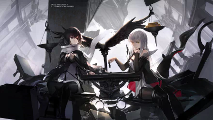 A striking HD anime wallpaper featuring two characters in dark attire, seated among a dramatic backdrop of shattered structures, evoking a sense of mystery and fantasy in the Pixiv Fantasia T style.