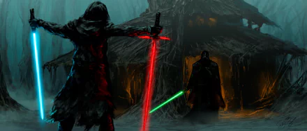 HD Star Wars desktop wallpaper depicting Luke Skywalker and Kylo Ren facing off with glowing green and red lightsabers in a dark, snowy sci-fi setting.