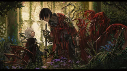 A captivating HD anime wallpaper featuring a dramatic scene between two characters in a lush, overgrown setting, surrounded by vibrant flora and mysterious, shadowy figures.
