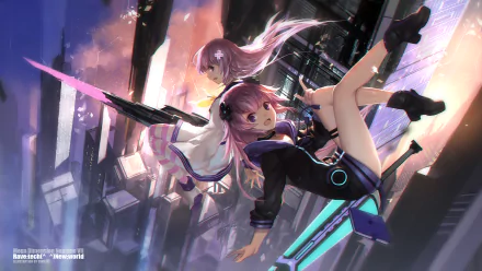 An HD desktop wallpaper featuring Neptune and Nepgear from Hyperdimension Neptunia, set against a backdrop of futuristic skyscrapers and dynamic colors.