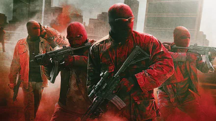 HD PC desktop wallpaper/background from the movie Triple 9: four masked, armed men in red-tinted smoke and urban skyline, ready for action.