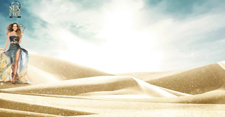 A vibrant HD wallpaper featuring a character from Sex and the City amidst shimmering sand dunes under a bright sky, capturing a moment of glamour and adventure.