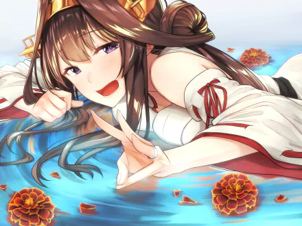 A smiling girl with purple eyes and long brown hair poses playfully in water adorned with flowers, featuring elements from the anime 'Kantai Collection.'