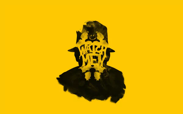 Minimalist HD desktop wallpaper featuring a black Rorschach inkblot silhouette on a bold yellow background, inspired by Watchmen comics.