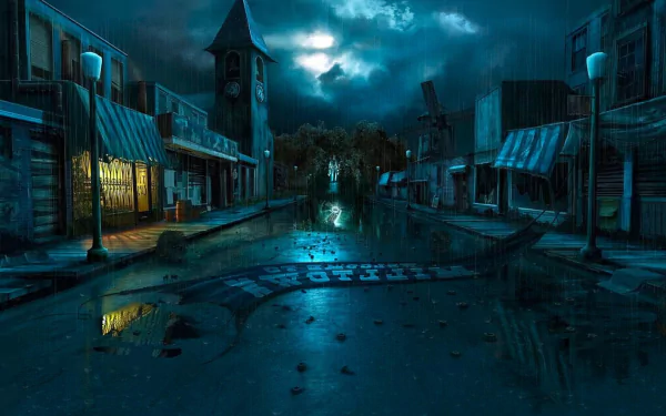 HD desktop wallpaper featuring a dark, artistic fantasy city at night with a church, street lights, and dramatic lightning amidst stormy clouds.