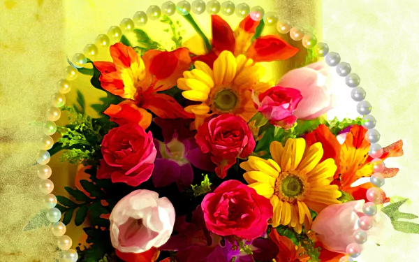 HD PC desktop wallpaper featuring an artistic painting of colorful daisies and roses adorned with a pearl frame, showcasing vibrant floral beauty.