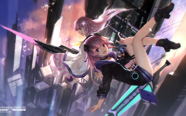 An HD desktop wallpaper featuring Neptune and Nepgear from Hyperdimension Neptunia, set against a backdrop of futuristic skyscrapers and dynamic colors.