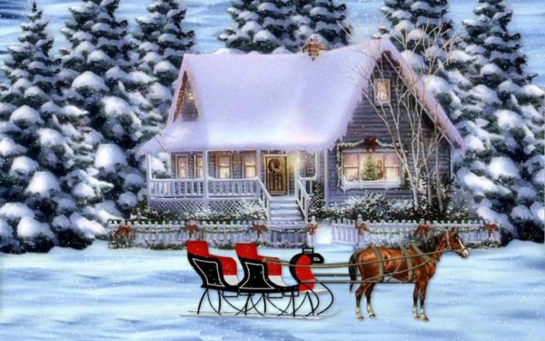 Holiday Christmas Reindeer Sleigh House Winter Snow Tree HD Wallpaper | Background Image